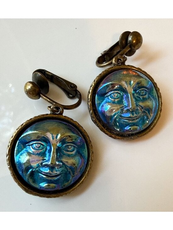 Grandmother’s Buttons Jewelry - Grandmother’s Buttons Vintage Earrings Czech Art Glass Man In The Moon Clip-On